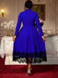 Plus Size Women's Blue Lace Patchwork Long Sleeve Elegant Chic Slim Waist Midi Dress