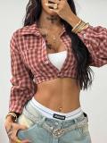 Women's Plaid Crop Shirt Puff Sleeves Street Style Top