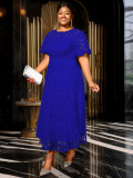 Plus Size Women's Blue Round Neck Lace Cut-Out Short Sleeve Elegant Chic Slim Waist Midi Dress