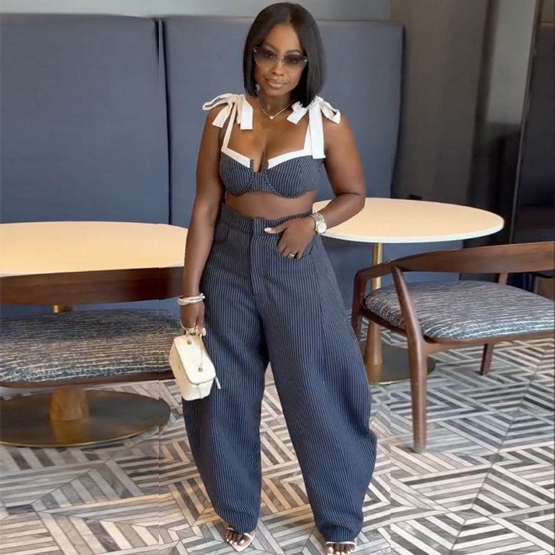 Autumn Women's Fashion Sexy Patchwork Bow-Strap Open Waist Wide-Leg Pants Set