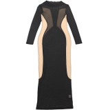 Autumn Women's Fashion Sexy Mesh See-Through Color-Blocked High-Waist Bodycon Dress