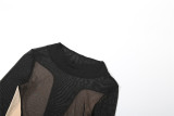 Autumn Women's Fashion Sexy Mesh See-Through Color-Blocked High-Waist Bodycon Dress