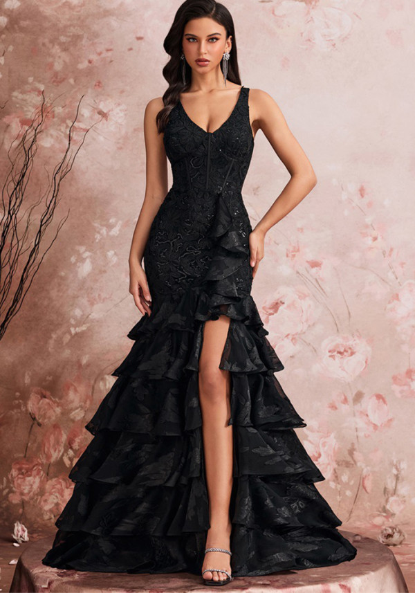 Women's Long Elegant Slash Neck Chic Evening Gown Luxurious Slit Bridesmaid Graduation Cascading Ruffles Dress