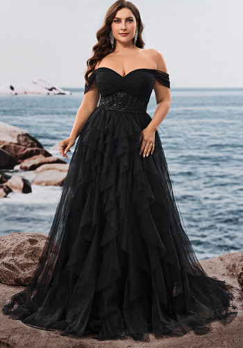 Plus Size Women's Elegant Off-Shoulder Chic Evening Gown Luxurious Bridesmaid Graduation Cascading Ruffles Dress