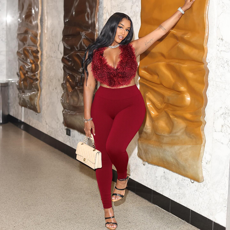 Women's Plush Halter Neck Deep Low Back Lace-Up Tight-Fitting Pants Set