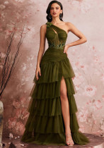 Women's Long Elegant Slash Neck Chic Evening Gown Luxurious Slit Bridesmaid Graduation Cascading Ruffles Dress