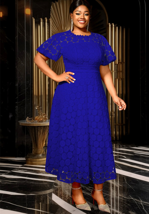 Plus Size Women's Blue Round Neck Lace Cut-Out Short Sleeve Elegant Chic Slim Waist Midi Dress