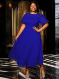 Plus Size Women's Blue Round Neck Lace Cut-Out Short Sleeve Elegant Chic Slim Waist Midi Dress