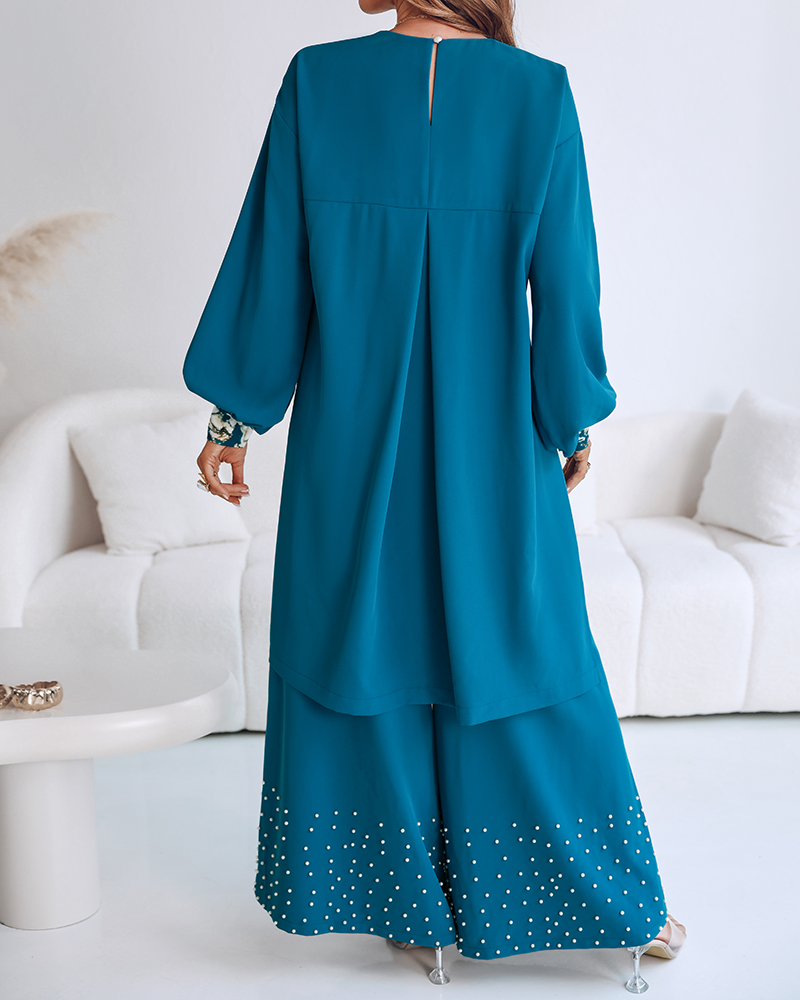 Women's Fashion Puff Sleeve Crop Top + Pearl Embellishments Wide-Leg Pants Set