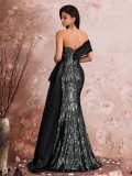 Women's Elegant Sequin Patchwork Strapless Off-Shoulder Evening Dress Bridesmaid Gown