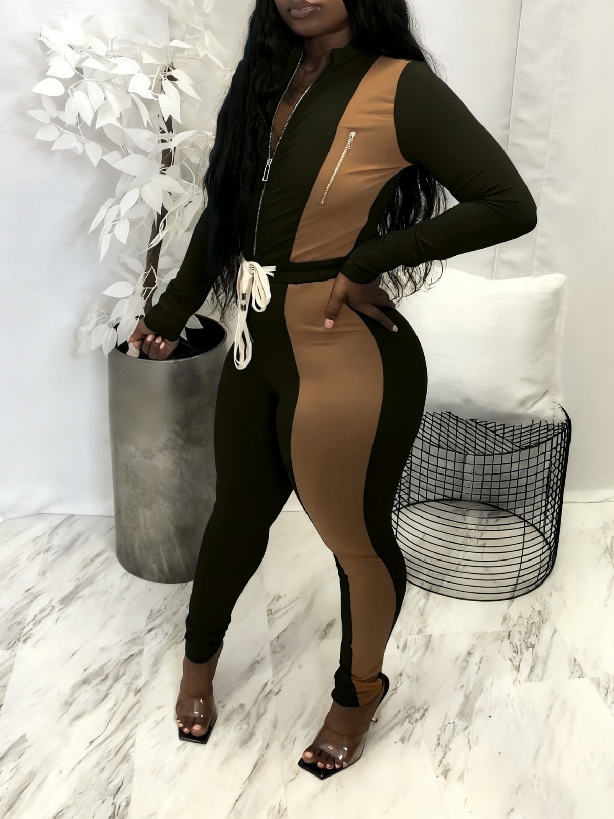 Autumn/Winter Women's Color-Blocked Zip-Up Top & Long Pants Two-Piece Set