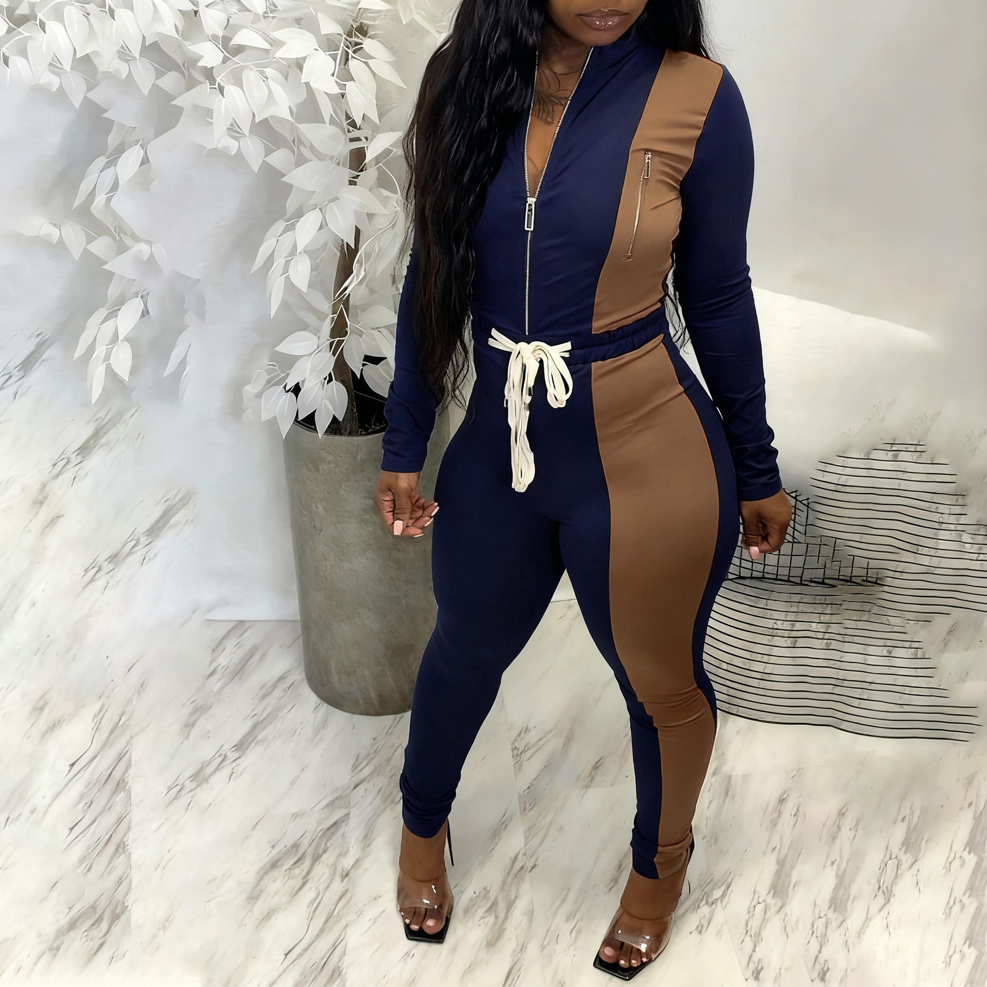 Autumn/Winter Women's Color-Blocked Zip-Up Top & Long Pants Two-Piece Set