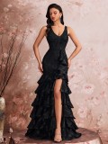 Women's Long Elegant Slash Neck Chic Evening Gown Luxurious Slit Bridesmaid Graduation Cascading Ruffles Dress