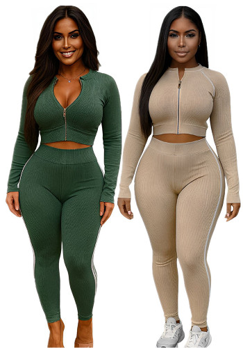 Autumn/Winter Women's Fashion Sexy Slim-Fit Ribbed Sports Top & Pants Two-Piece Set