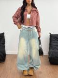Women's Plaid Crop Shirt Puff Sleeves Street Style Top