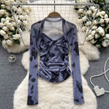 Women's Tie-Dye Mesh Long Sleeve T-Shirt Thin See-Through Chic Ruffle Top