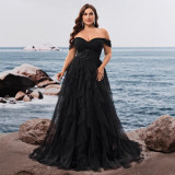 Plus Size Women's Elegant Off-Shoulder Chic Evening Gown Luxurious Bridesmaid Graduation Cascading Ruffles Dress