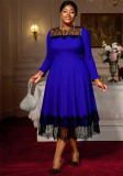 Plus Size Women's Blue Lace Patchwork Long Sleeve Elegant Chic Slim Waist Midi Dress