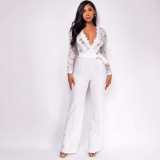 Women's Lace Patchwork Long Sleeve Casual Wide-Leg Jumpsuit