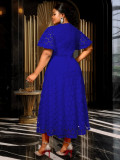 Plus Size Women's Blue Round Neck Lace Cut-Out Short Sleeve Elegant Chic Slim Waist Midi Dress