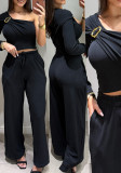 Women's Metal Slash Shoulder Cropped Top & Wide-Leg Pants Set