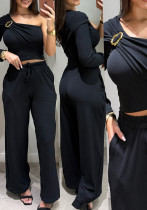 Women's Metal Slash Shoulder Cropped Top & Wide-Leg Pants Set
