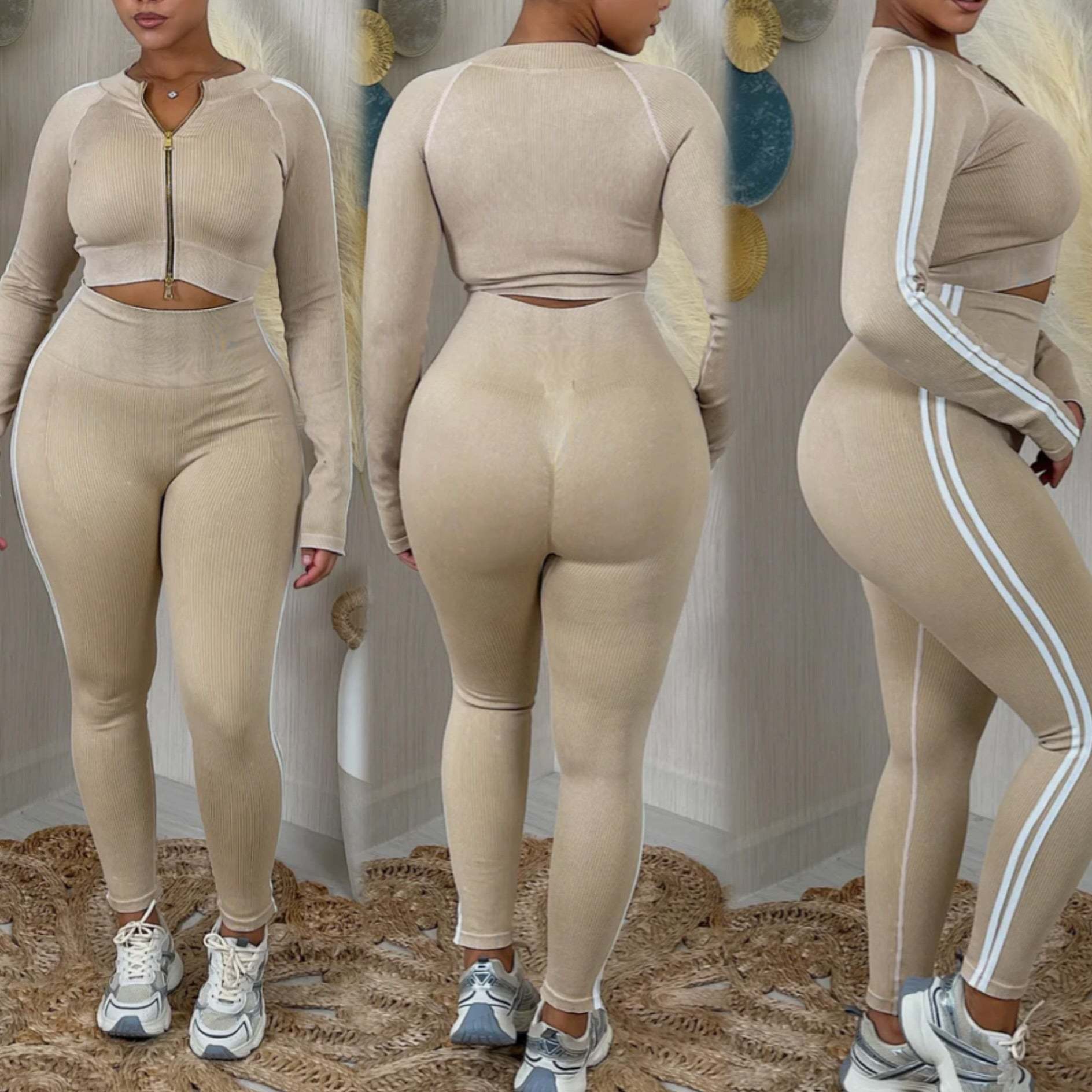 Autumn/Winter Women's Fashion Sexy Slim-Fit Ribbed Sports Top & Pants Two-Piece Set