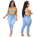 Women Beaded Crown Denim Pants