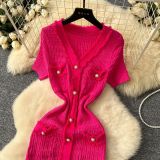 Women Elegant V-Neck Metallic Knitting Bodycon Dress