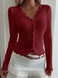 Women Fall/Winter V-Neck Patchwork Long-Sleeved Top