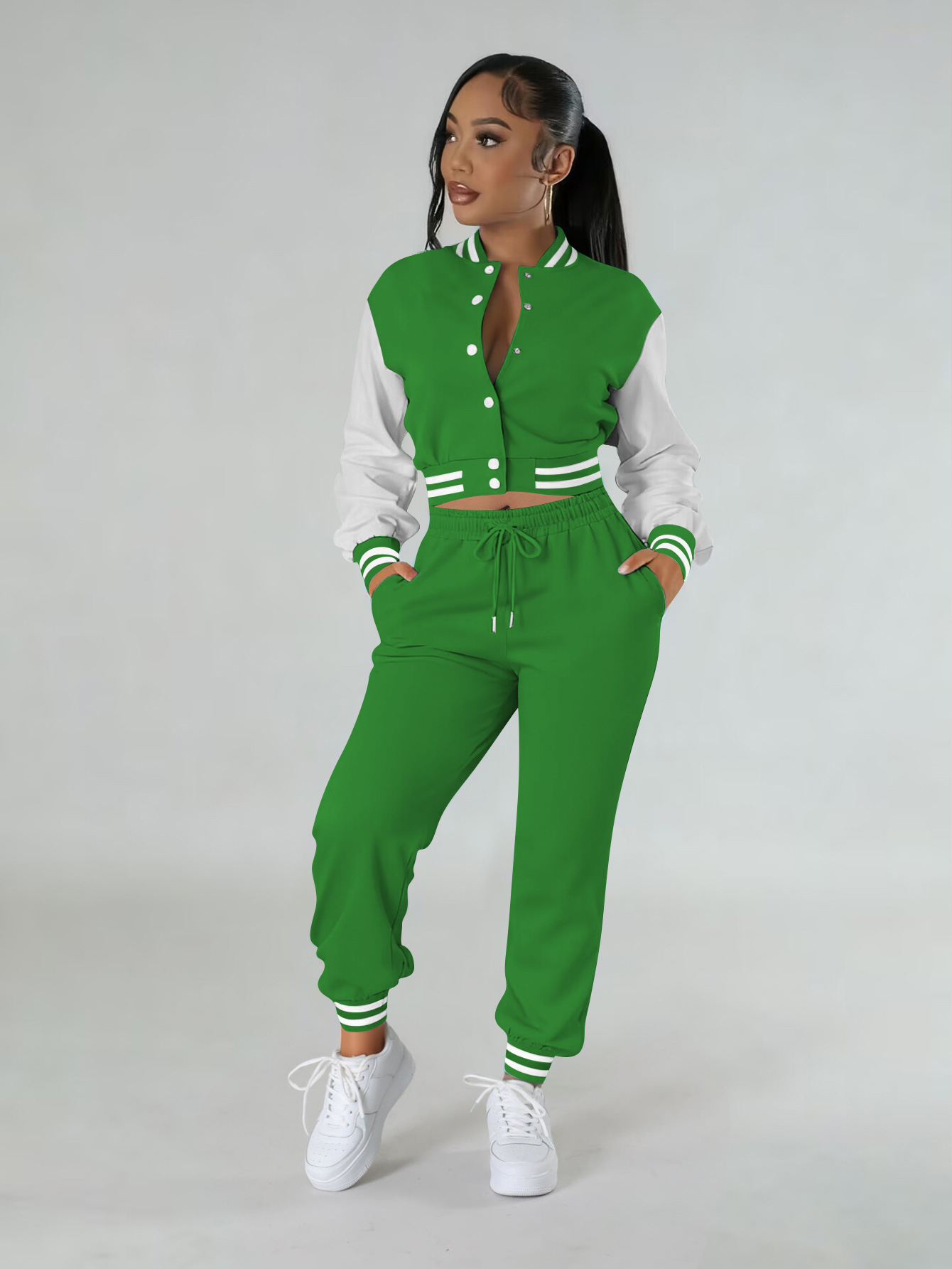 Women contrasting color baseball top and pant two-piece set