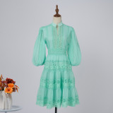 Women Solid Half-Sleeve Lantern Sleeve Patchwork Dress
