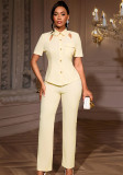 Women turndown collar two-piece shirt and pants set with cutout buttons