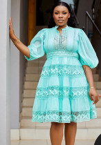 Women Solid Half-Sleeve Lantern Sleeve Patchwork Dress