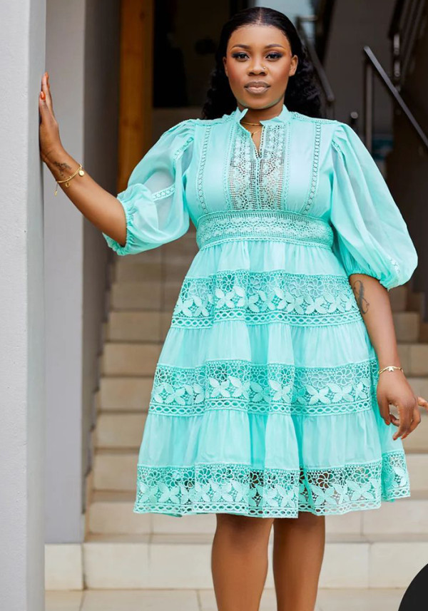 Women Solid Half-Sleeve Lantern Sleeve Patchwork Dress