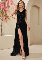 Women Fall Sleeveless V-Neck Sequined Slit Evening Maxi Evening Dress