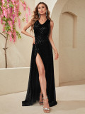 Women Fall Sleeveless V-Neck Sequined Slit Evening Maxi Evening Dress