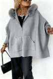 Women Fall/Winter Pocket Zipper Fur Collar Knitting Hooded Jacket