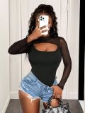 Women Fall Sexy Mesh Patchwork Solid Bodysuit