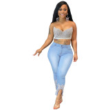 Women Beaded Crown Denim Pants