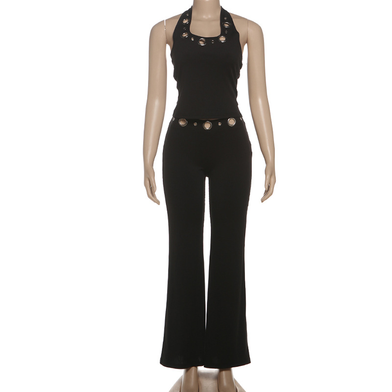Women Autumn Sleeveless Halter Neck Top and Pants Two-Piece Set