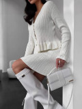 Women Spring French V-Neck Long-Sleeved Diamond Buttoned Ruffle Knitting Top and Skirt Two-Piece Set