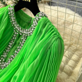 Women Fall Round Neck Diamond-Encrusted Feather Patchwork Long-Sleeved Pleated Dress