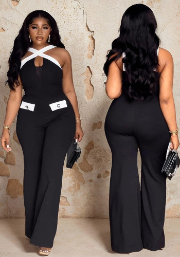 Women Contrast Color Sexy Mesh V-Neck Jumpsuit