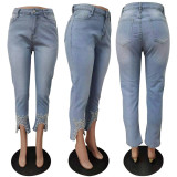 Women Beaded Crown Denim Pants