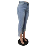 Women Beaded Crown Denim Pants