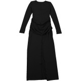Women Autumn Elegant Solid Pleated Dress