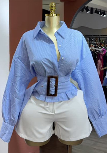 Women Fall Turndown Collar Striped Long-Sleeved Shirt