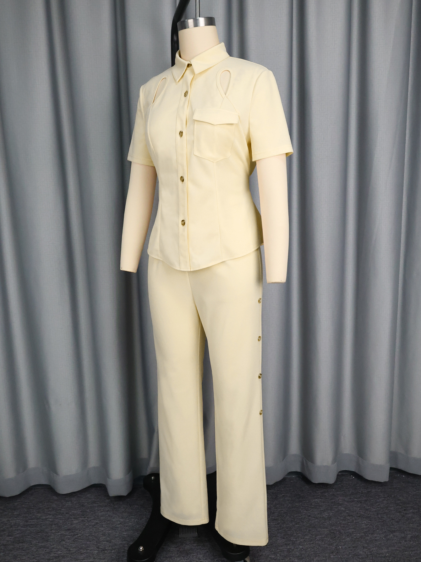 Women turndown collar two-piece shirt and pants set with cutout buttons