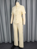 Women turndown collar two-piece shirt and pants set with cutout buttons